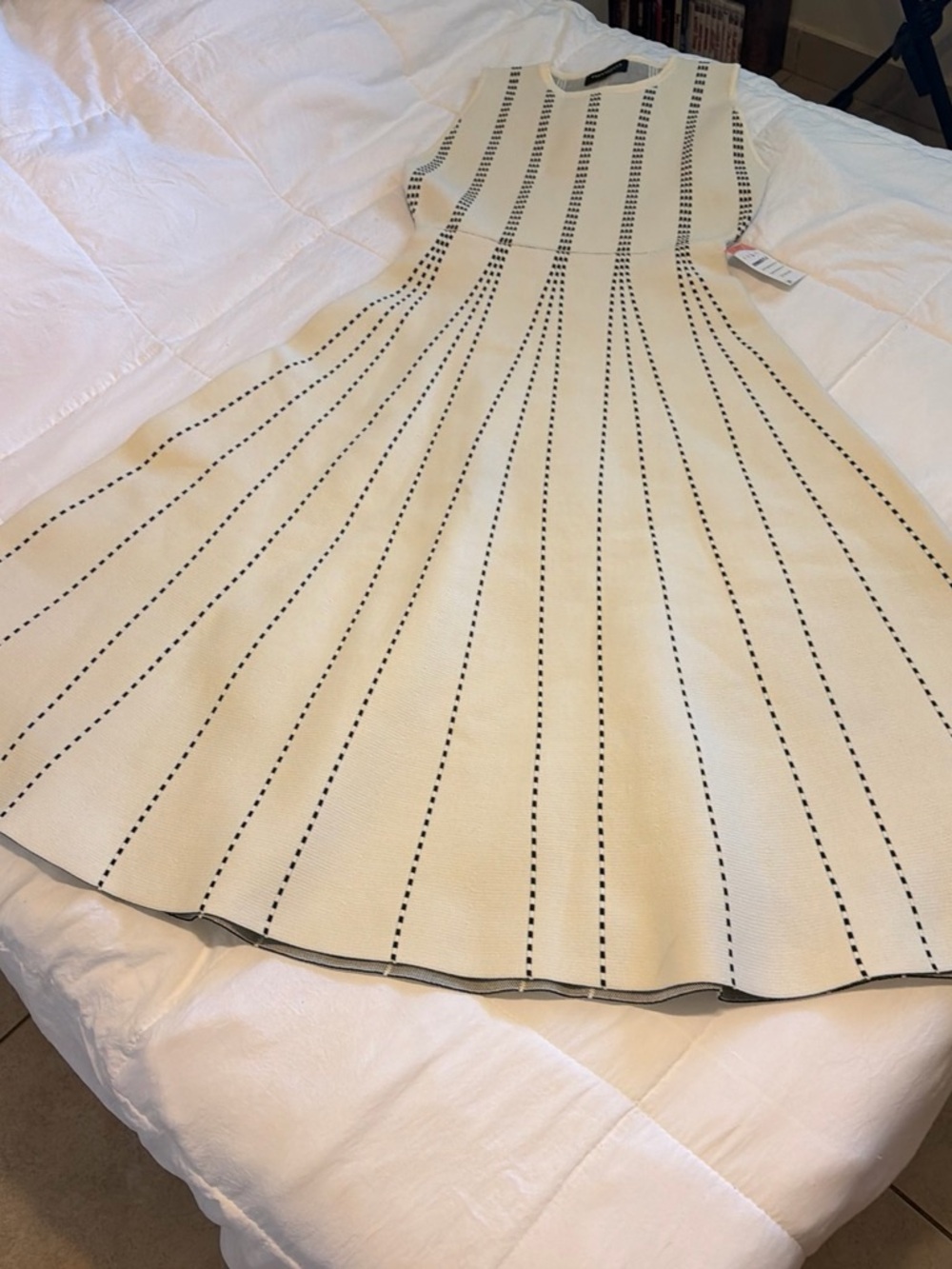 Sleeveless Cream Midi Dress with Vertical Black Pinstripe Detail